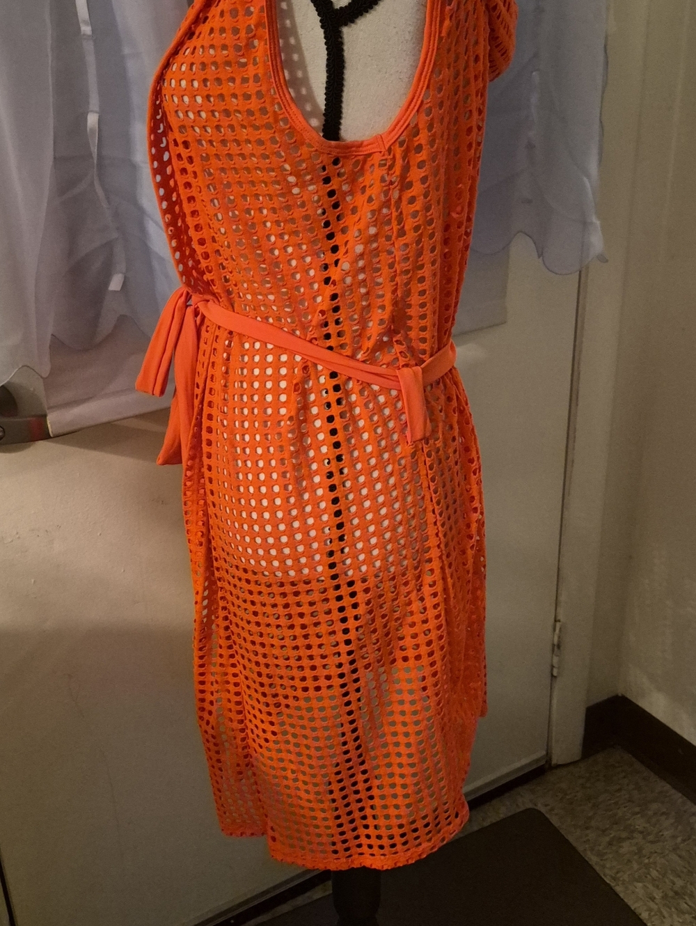 WOXUAN Neon Orange Open Front Eyelet Mesh Hooded Beach Coverup/Duster & Belt - Picture 8 of 10